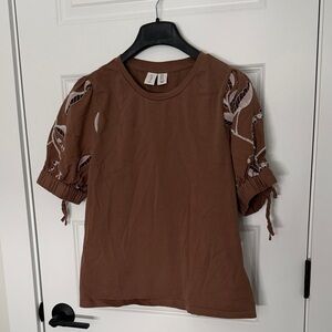 Joie Brown Top with Embroidered Sleeves